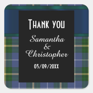 Karierte Hochzeit in Blau und Grün Quadratischer Aufkleber