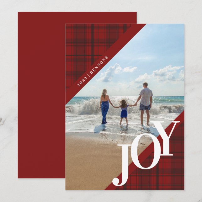 Karierte JOY Diagonal Red Holiday Card Feiertagskarte (Vorne/Hinten)