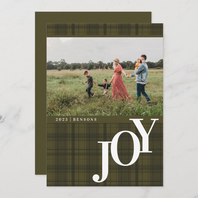 Karierte JOY Green Holiday Card Feiertagskarte (Vorne/Hinten)