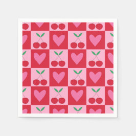 Karierte Kirschen mit rosa Herzmuster Serviette