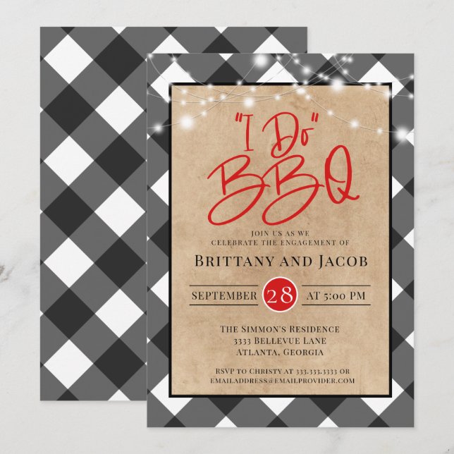 Karierte Kraft String Lights I Do GRILLEN Verlobun Einladung (Vorne/Hinten)