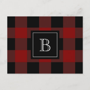 Karierte Lumberjack-Monogram, initial Red Black Postkarte
