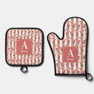 Karierte Mit Monogramm Anwendung mit Wildblumen Ofenhandschuh & Topflappen-Set