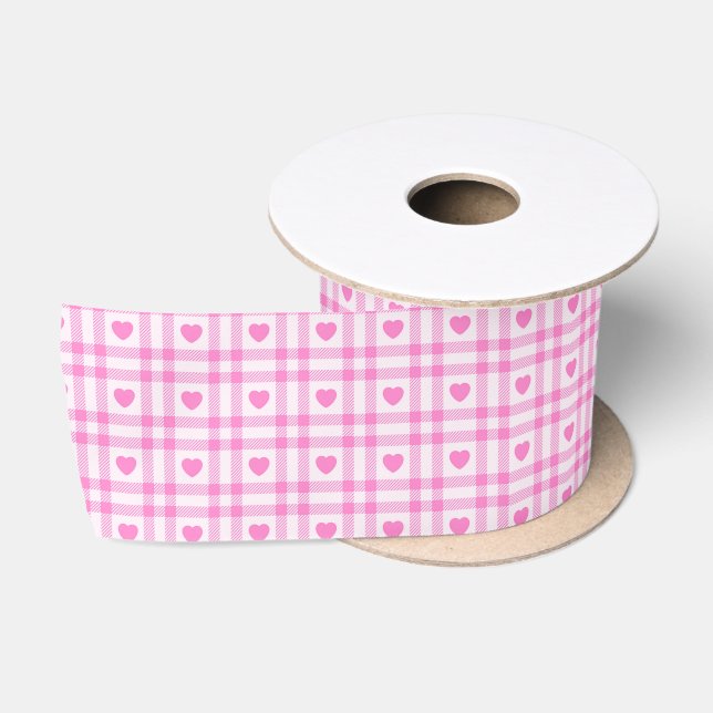 Karierte moderne rosa Herzenskollektion Satinband (Spule)