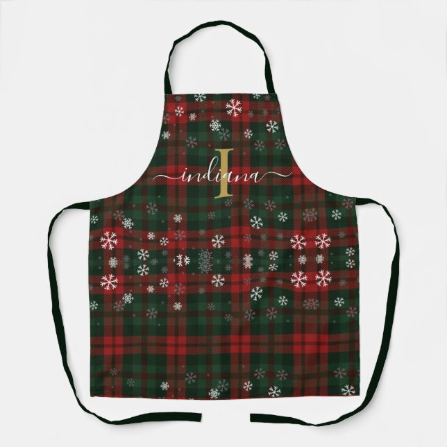 Karierte Monogram Script Snowflakes Tartan Custom Schürze (Vorderseite)
