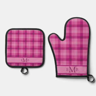 Karierte Monogramm-Initialen in Rosa Ofenhandschuh & Topflappen-Set