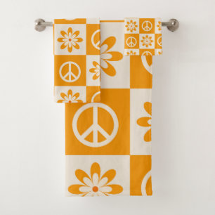 Karierte orangefarbene groovy Blumen und Friedensz Badhandtuch Set