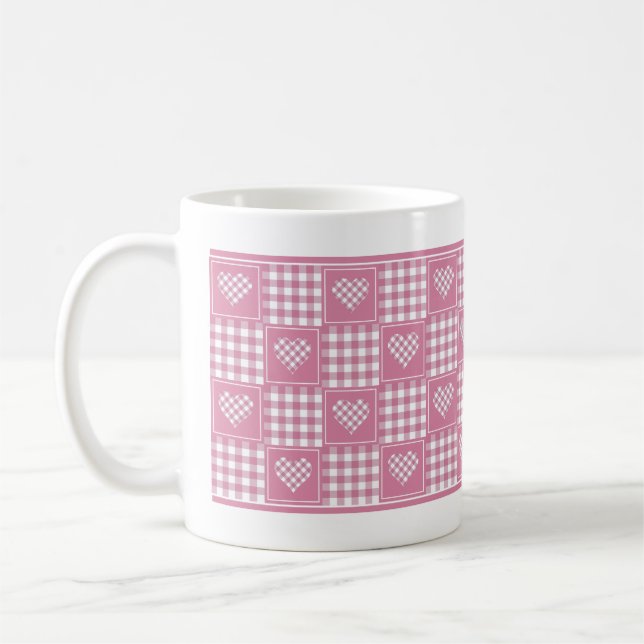 Karierte Patchwork-Herzen in Rosa und Weißbüffel Kaffeetasse (Links)
