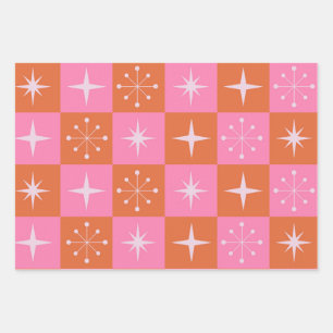 Karierte Pink und Orange Starbursts aus der Mitte Geschenkpapier Set