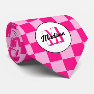 Karierte Quadrate helles heißrosa Retro-Monogramm Krawatte