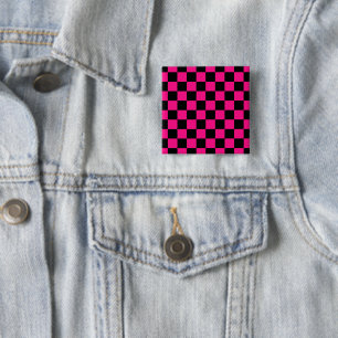 Karierte Quadrate Hot Pink Schwarz geometrisch Ret Button