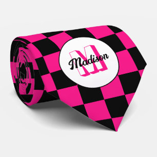 Karierte Quadrate Hot Pink Schwarz Retro Monogramm Krawatte