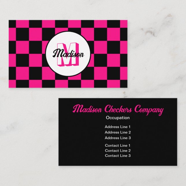 Karierte Quadrate Hot Pink Schwarz Retro Monogramm Visitenkarte (Vorne/Hinten)