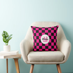 Karierte Quadrate Hot Pink Schwarzes Retro-Monogra Kissen