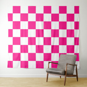 Karierte Quadrate Hot Pink Weiße geometrische Retr Wandteppich