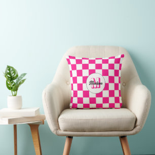 Karierte Quadrate Hot Pink Weiße Retro-Monogramm Kissen