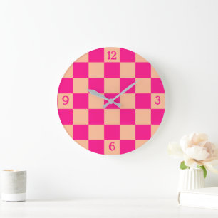 Karierte Quadrate Pfirsich heißes Rosa geometrisch Große Wanduhr