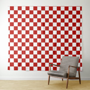 Karierte Quadrate rot weiß geometrisch retro Wandteppich