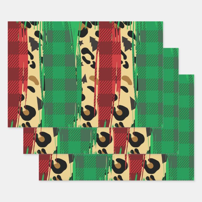 Karierte Red & Green Leopard Weihnachtsdruckerei Geschenkpapier Set (Set)