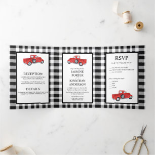 Karierte Red Truck Wedding mit Black and White Buf Dreifach Gefaltete Einladung