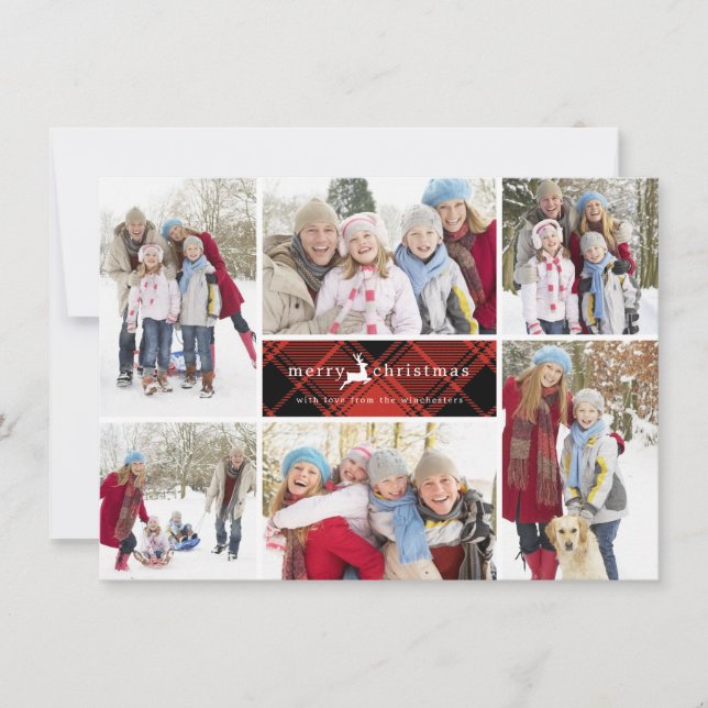 Karierte Rentier WeihnachtsCollage Feiertagskarte (Vorderseite)