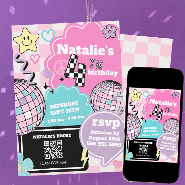 Karierte Retro Groovy Disco 4. Geburtstag Party Einladung (Von Creator hochgeladen)