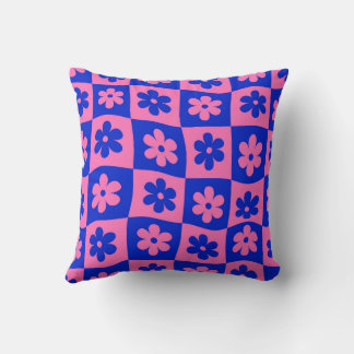 Karierte Rosa Blaue Retro-Verzerrte Blumen Kissen
