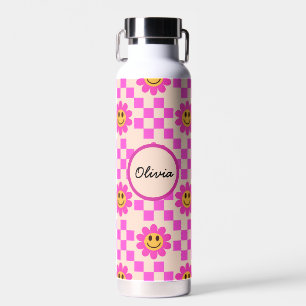 Karierte Rosa Lächelnde Blumen Benutzerdefinierter Trinkflasche