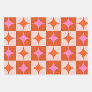 Karierte Rosa Orange Mitte Jahrhundert Sternenexpl Geschenkpapier Set