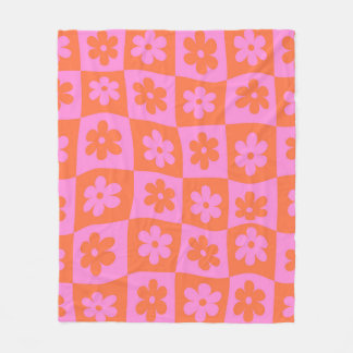 Karierte Rosa Orange Retro Verzerrte Blumen Fleecedecke