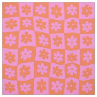 Karierte Rosa Orange Retro Verzerrte Blumen Stoff