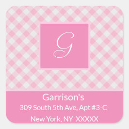 Karierte Rücksendeadresse Rosa und Weiß - Quadratischer Aufkleber