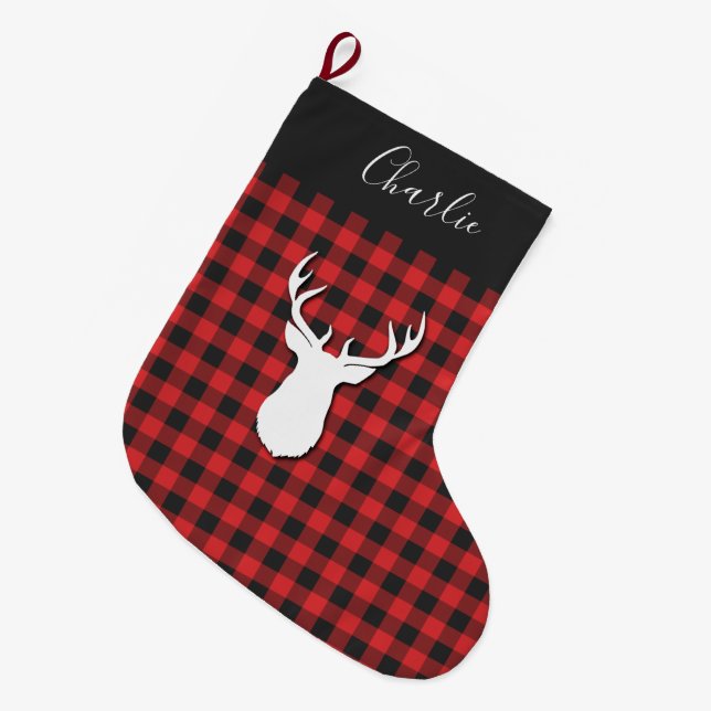 Karierte rustikale Script Christmas Deer Antlers Großer Weihnachtsstrumpf (Vorderansicht (hängend))