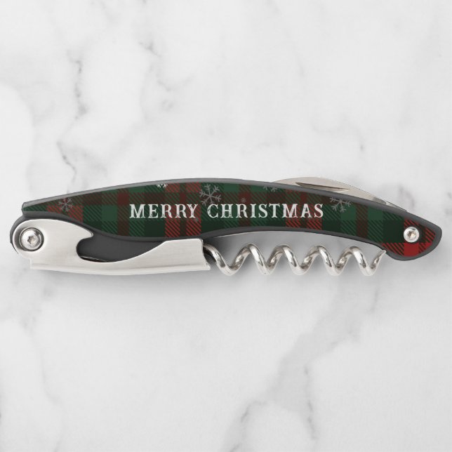 Karierte Schneeflocken Frohe Weihnachten Grün Rust Kellnermesser (Vorderseite)