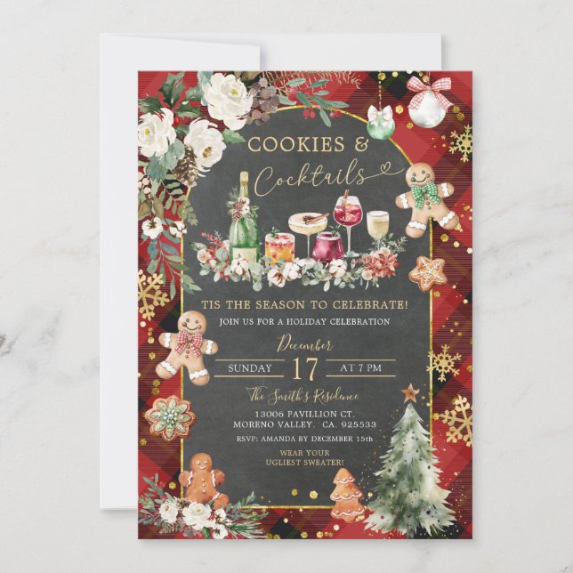 Karierte Schwarze Cookies Weihnachten Cocktails Pa Einladung (Vorderseite)