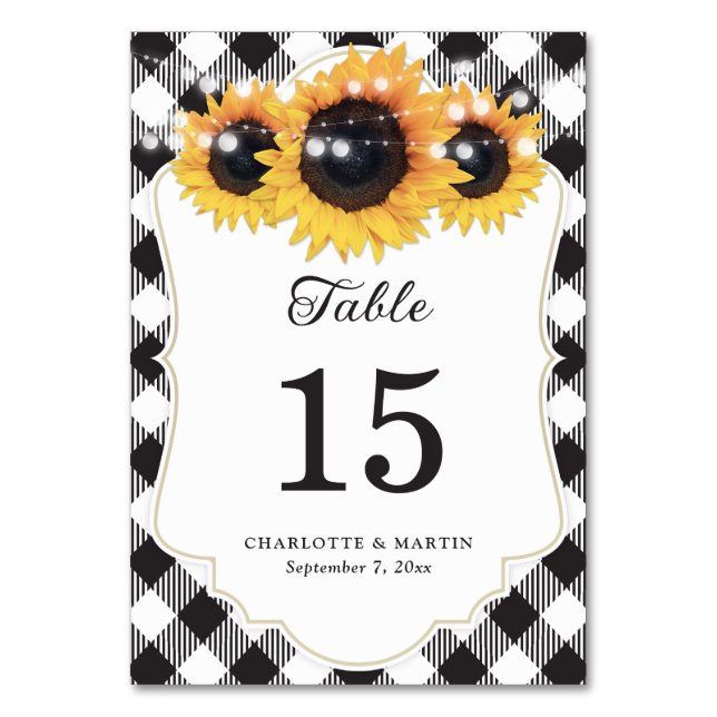 Karierte Sonnenblumenhochzeit in Schwarz und Weiß  Tischnummer (Vorderseite)