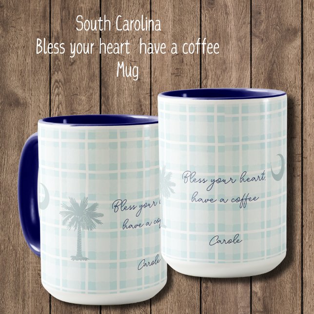 Karierte South Carolina Tasse mit Palmen und Mond (Bless Your Heart, Have a Coffee mug. Personalize to make it your own. South Carolina Flag with plaid)