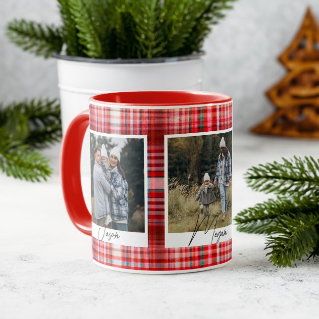 Karierte Stoffe in den Farben Rot und Weiß Fotos Tasse (Cozy Red and White Plaid fabric Family Photos Mug)