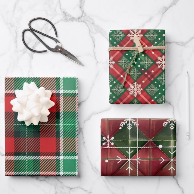 Karierte und Schneeflocken Geschenkpapier Set (Vorderseite)