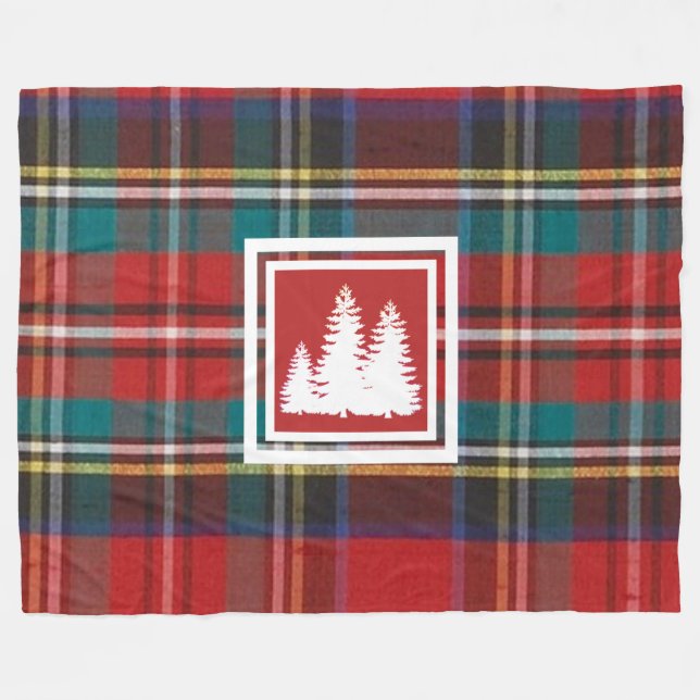 Karierte und weiße Pinienbäume Silhouette Tartan Fleecedecke (Vorderseite (Horizontal))