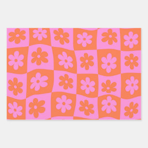 Karierte verzerrte Retro-Rosa- und Orangefarbene B Geschenkpapier Set