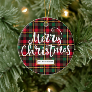 Karierte Weihnachten in Rot, Grün, Schwarz und Gol Keramik Ornament