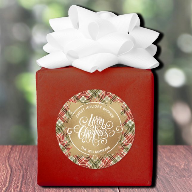 Karierte Weihnachten Runder Aufkleber (Plaid Christmas sweet holiday wishes homemade baking round stickers)