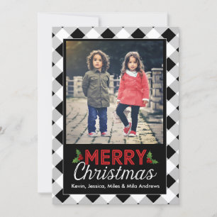 Karierte Weihnachts-Fotokarte in Schwarz und Weiß Feiertagskarte