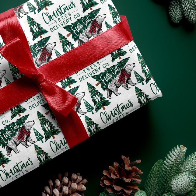 Karierte Weihnachtsbaumen aus Eisbären liefern Mon Geschenkpapier (Plaid Polar Bear Christmas Trees Delivery Monogram Wrapping Paper)