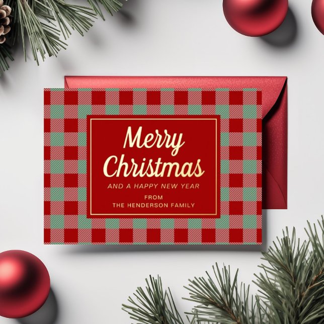 Karierte Weihnachtsfeiertage Folien Feiertagskarte (Red Plaid Christmas Gold Foil Holiday Card)