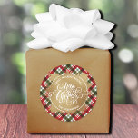 Karierte Weihnachtsfeiertage Runder Aufkleber<br><div class="desc">Frohe Weihnachten in schick weißer Schrift auf einem Pflückchen Imitat Goldfolie,  diese runden Aufkleber sind personalisiert mit Sweet Holiday Wishs und Ihrem Familiennamen in schicker Schrift auf einem karierten Urlaubsmuster. PASSEN Sie Teller,  Servietten und weitere Designs in unserem Shop.</div>
