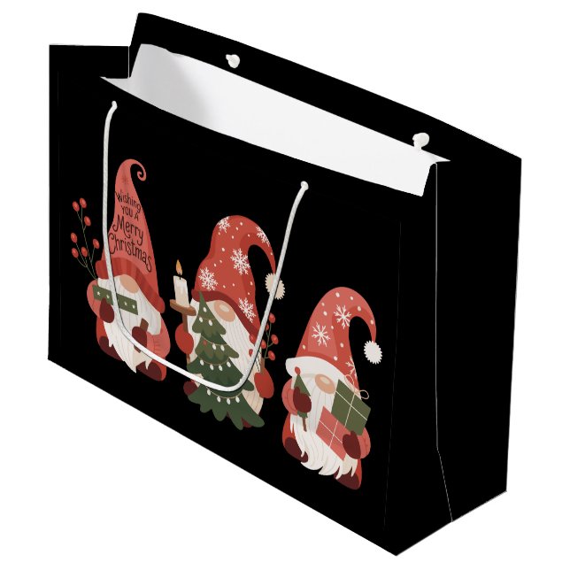 Karierte Weihnachtsgnomes Santa Funny Frohe Weihna Große Geschenktüte (Vorderseite Schrägansicht)