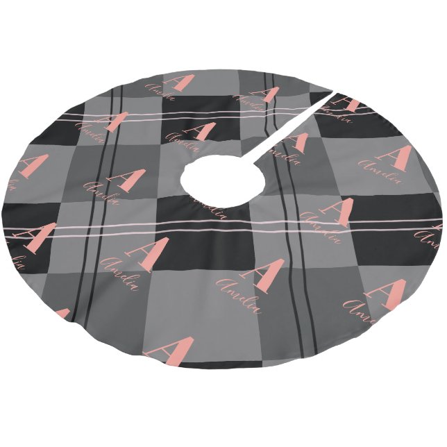 Karierte Weihnachtsmonogramm Grau Polyester Weihnachtsbaumdecke (Schrägansicht)