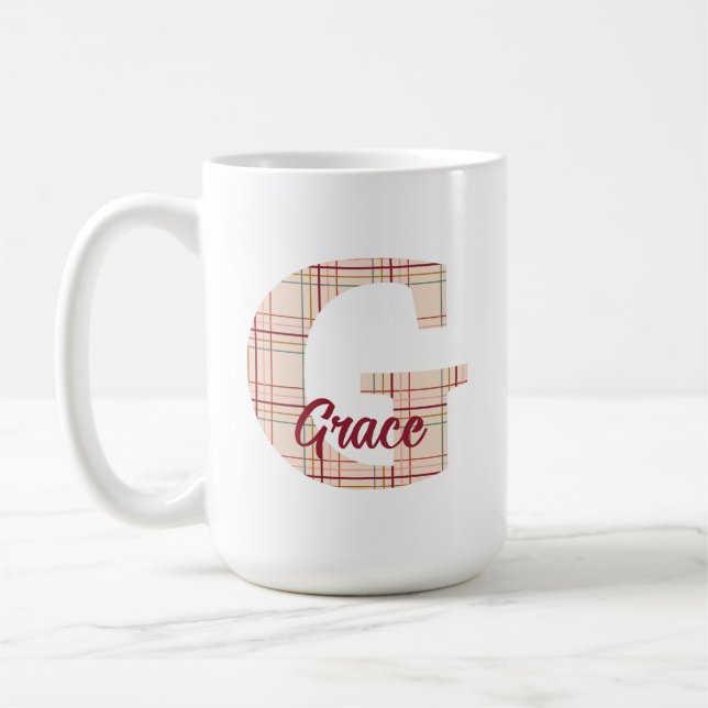 Karierte Weihnachtsmonogramm personalisiert Kaffeetasse (Links)